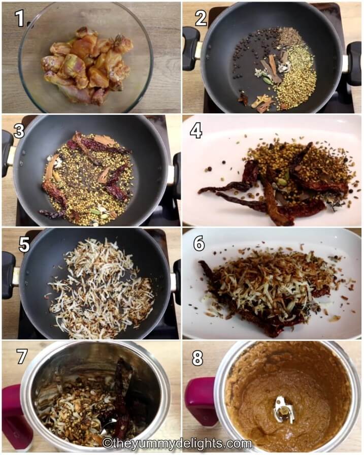 step by step image collage of marinating the chicken and preparing the chettinad masala