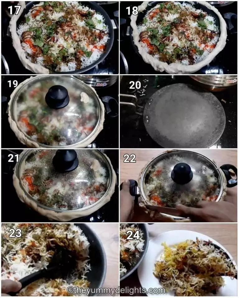 step by step image collage of dum cooking the hyderabadi biryani.