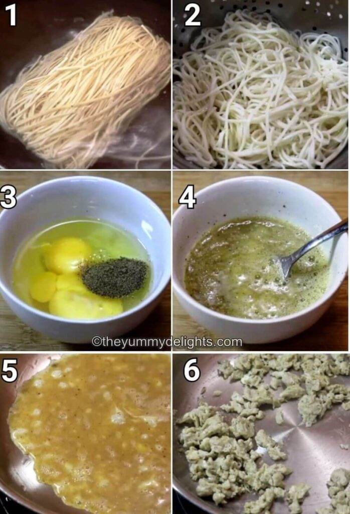 step by step image collage of cooking noodles and preparing scrambled eggs for making chicken hakka noodles recipe.