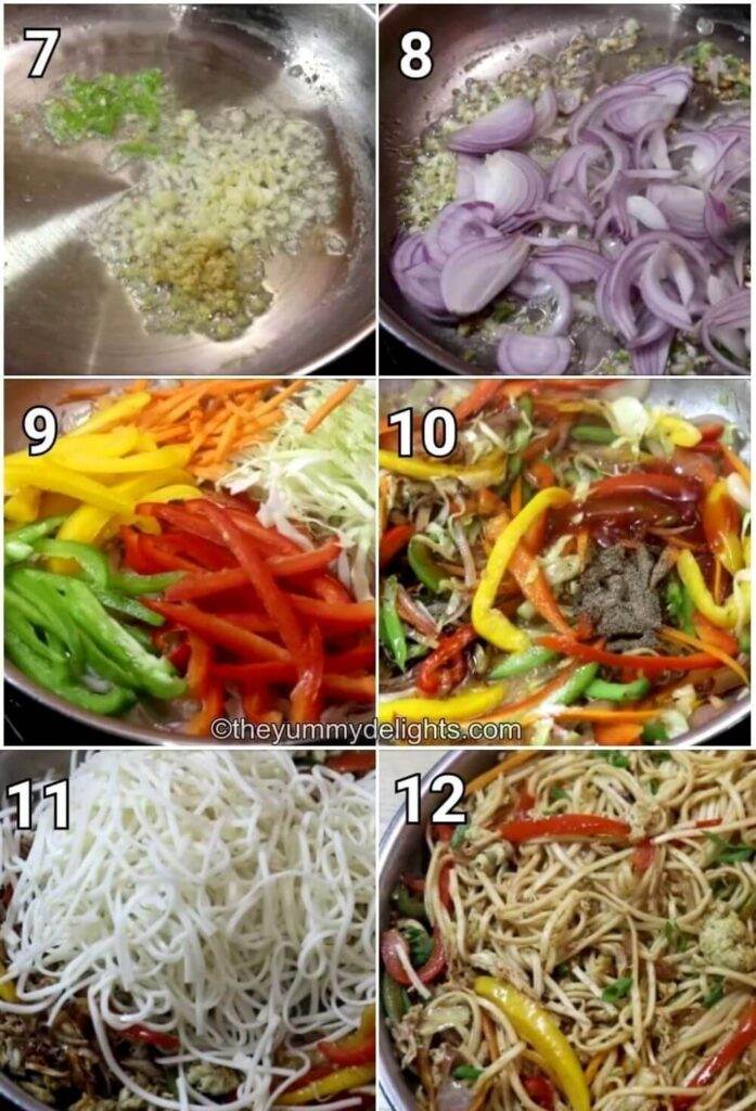 step by step image collage of making Indo-Chinese chicken hakka noodles recipe. It shows stir-frying the veggies, addition of sauce and tossing them.