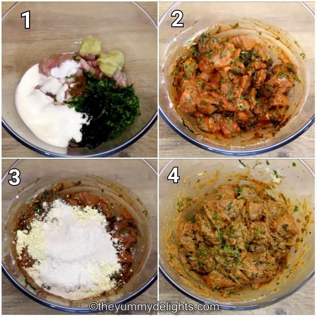 step by step image collage of chicken pakora preparations