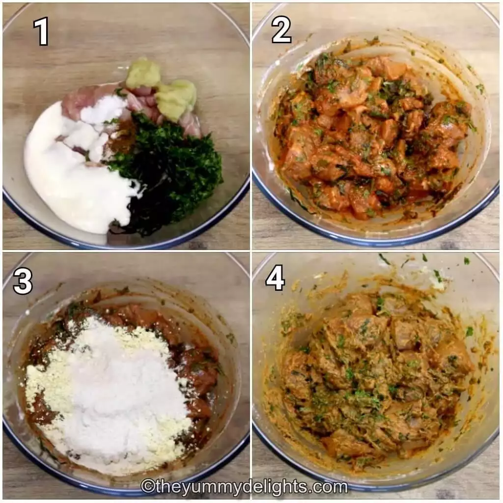 step by step image collage of chicken pakora preparations.