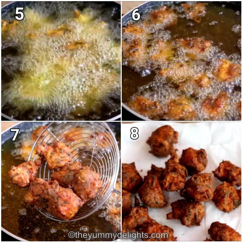 step by step image collage of frying chicken pakora