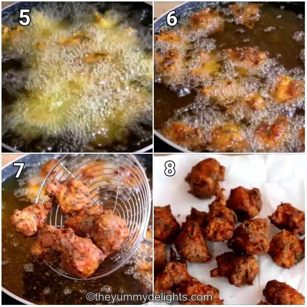 step by step image collage of frying chicken pakora.
