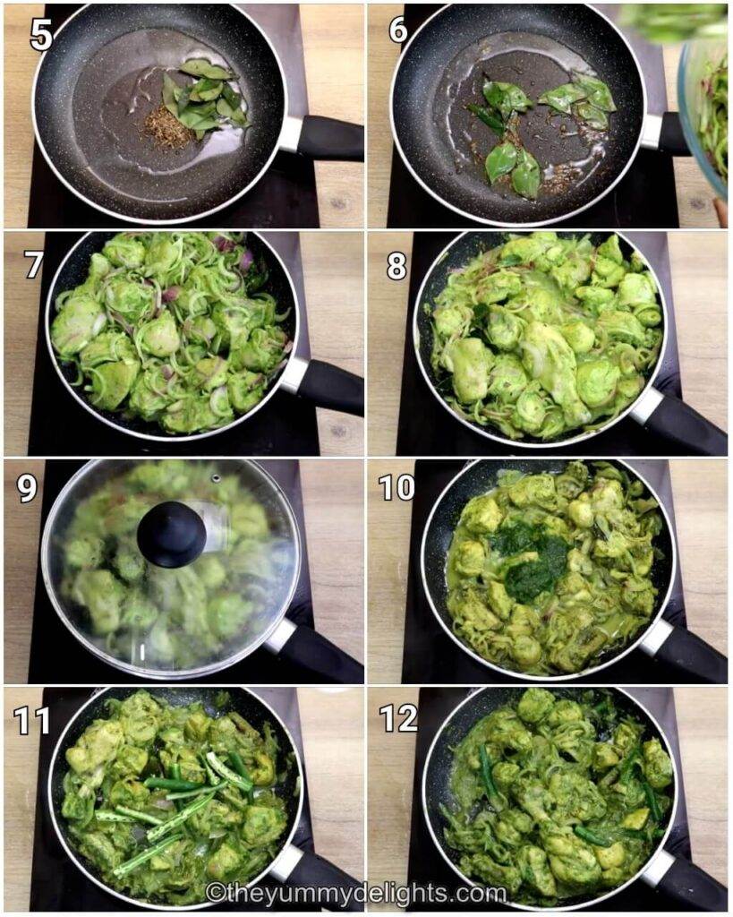 step by step image collage of making the andhra green chili chicken recipe. It shows tempering, sauteing marinated chicken and addition of green chili paste and cooking it.