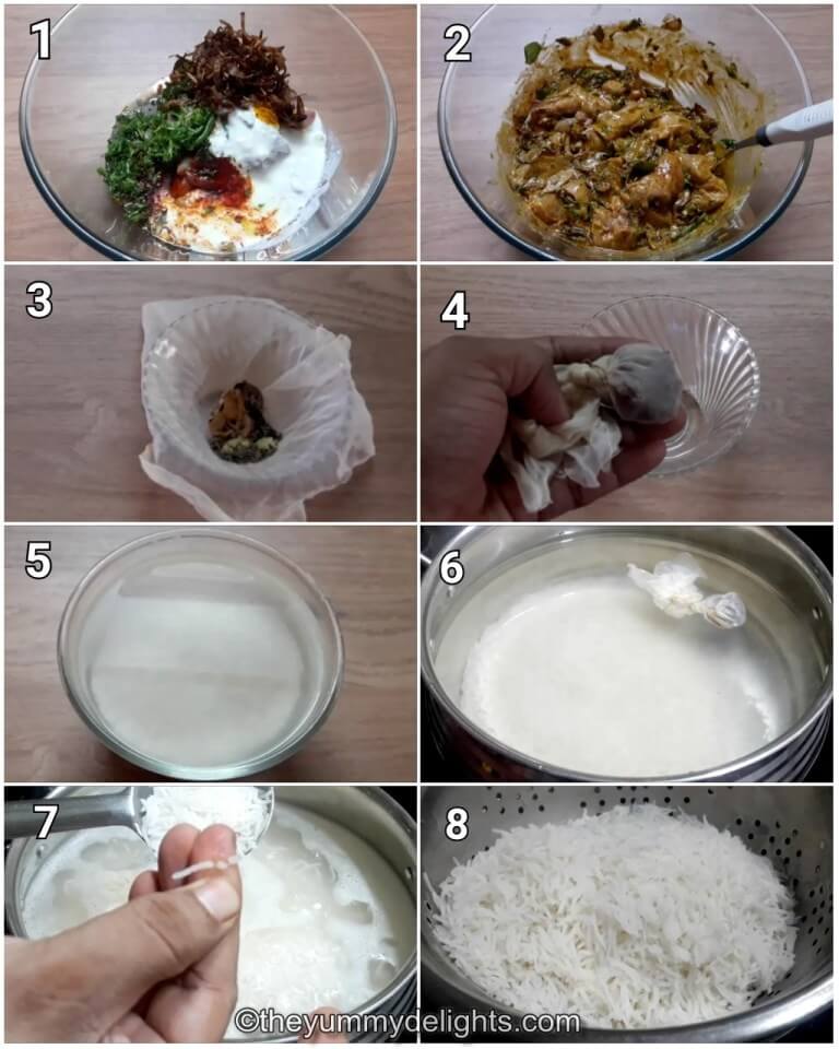 step by step image collage of marinating the chicken and cooking rice to make hyderabadi biryani.