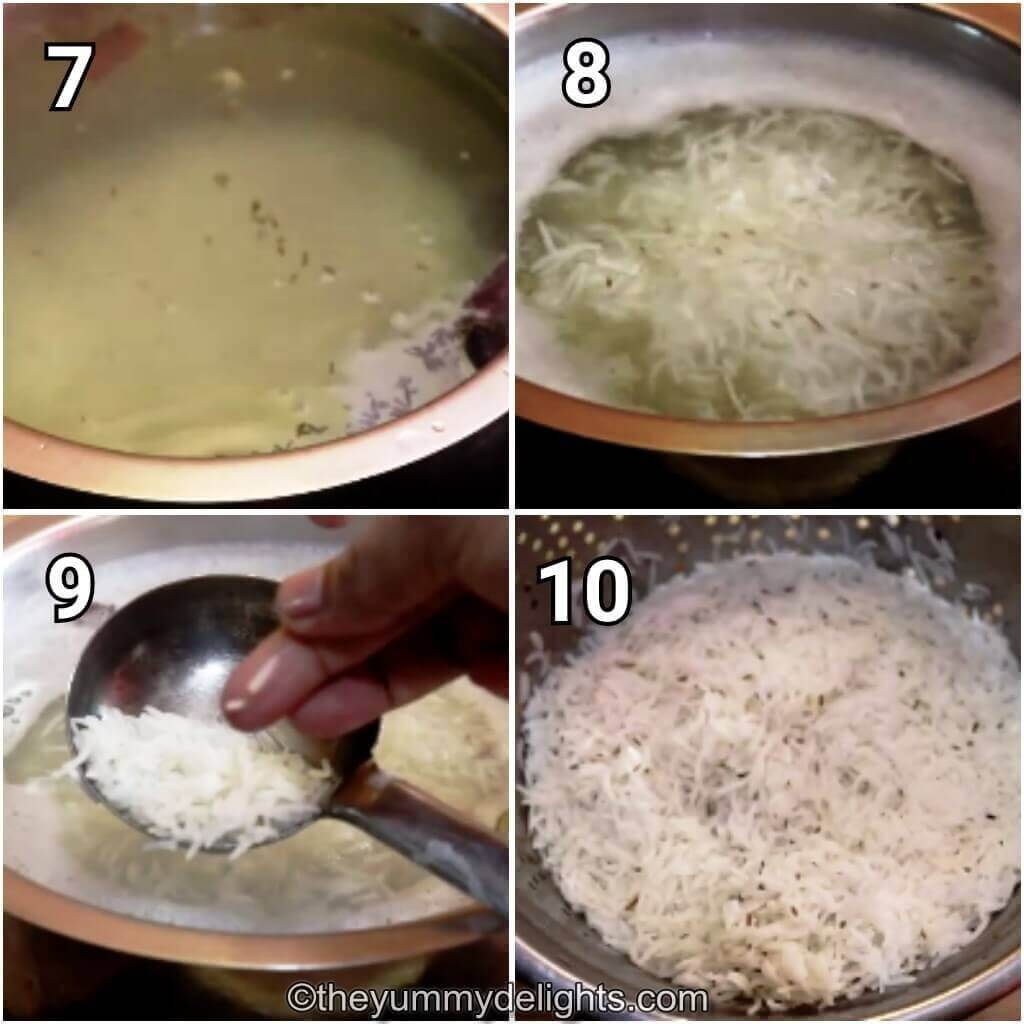 Collage image of 4 steps showing cooking the rice for making hyderabadi biryani.