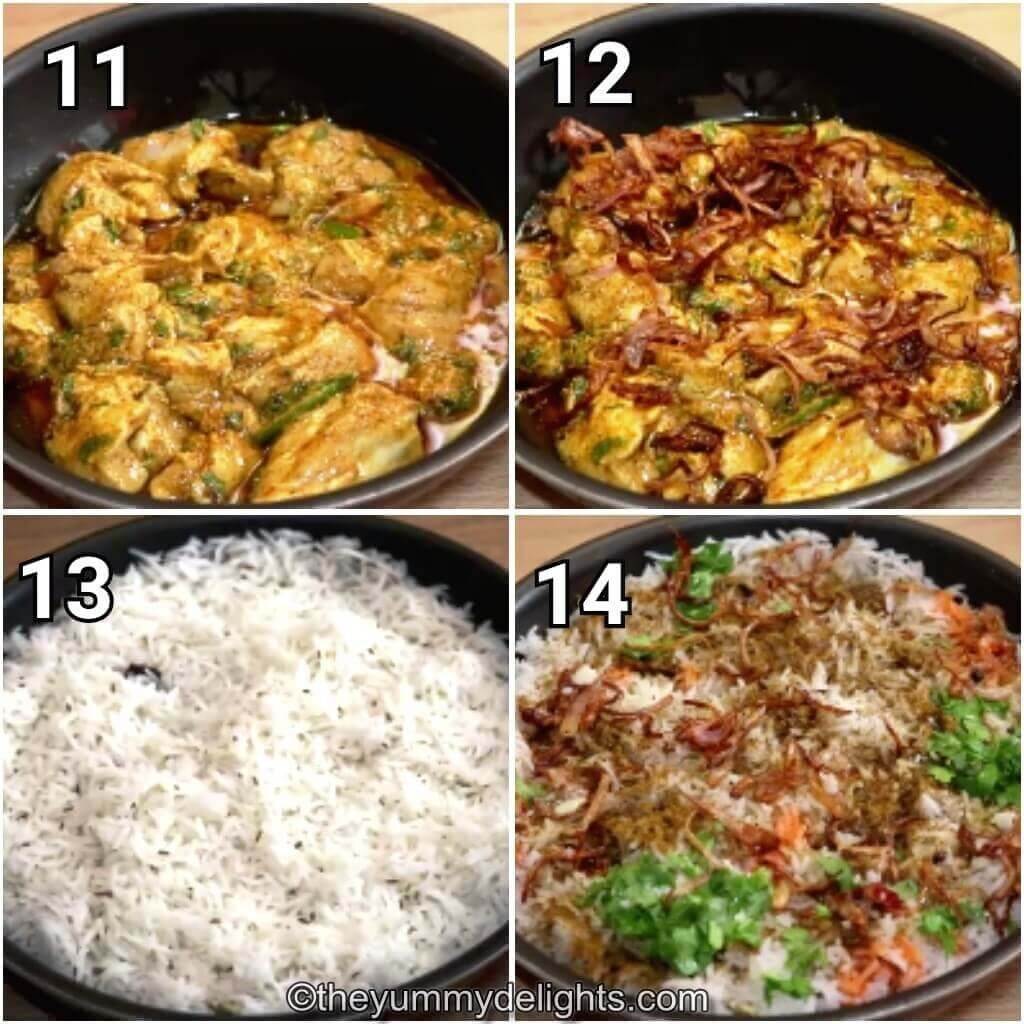 Collage image of 4 steps showing assembling the hyderabadi chicken dum biryani.