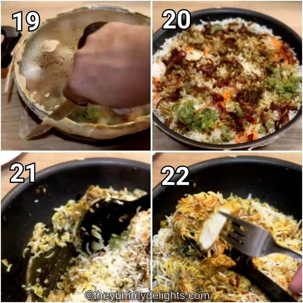 image collage of 4 steps showing opening the seal of the biryani pot.