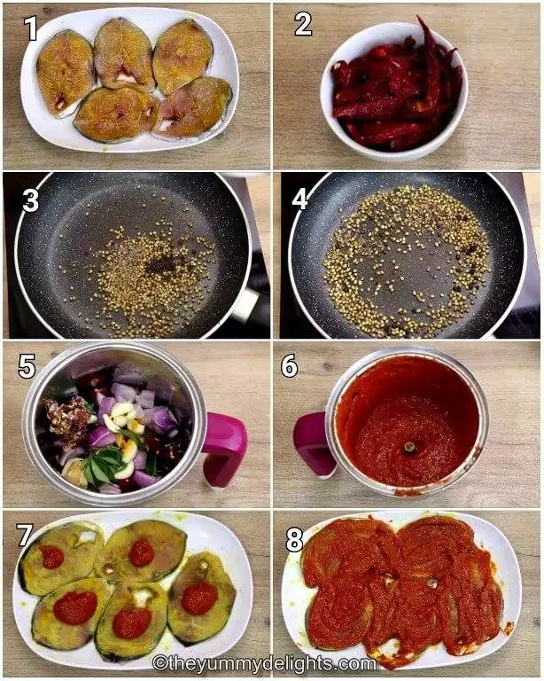 collage image of 8 steps showing making the masala and applying it on the fish.