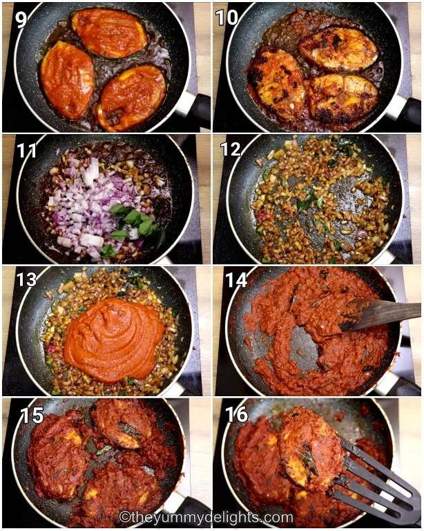 step by step image collage of pan frying the fish to make fish masala fry recipe