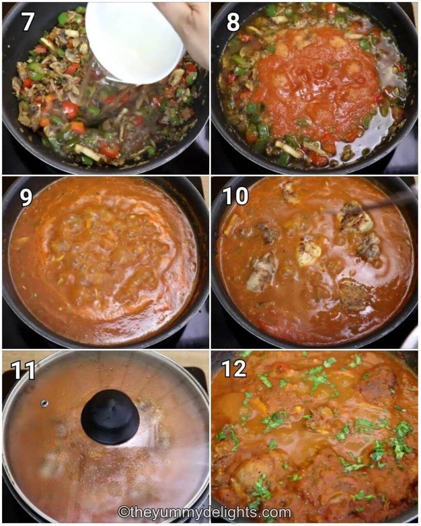 step-by-step image collage of addition of chicken broth and crushed tomatoes to make the chicken cacciatore recipe