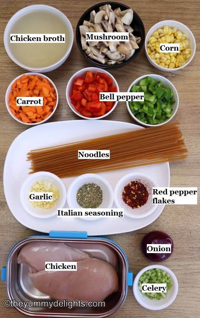 image of individual ingredients to make homemade chicken noodle soup recipe.