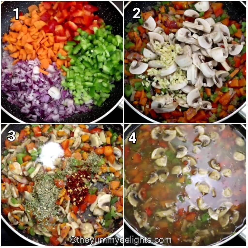 step by step image collage of sauteing the vegetables, addition of seasoning and broth to the chicken noodle soup.