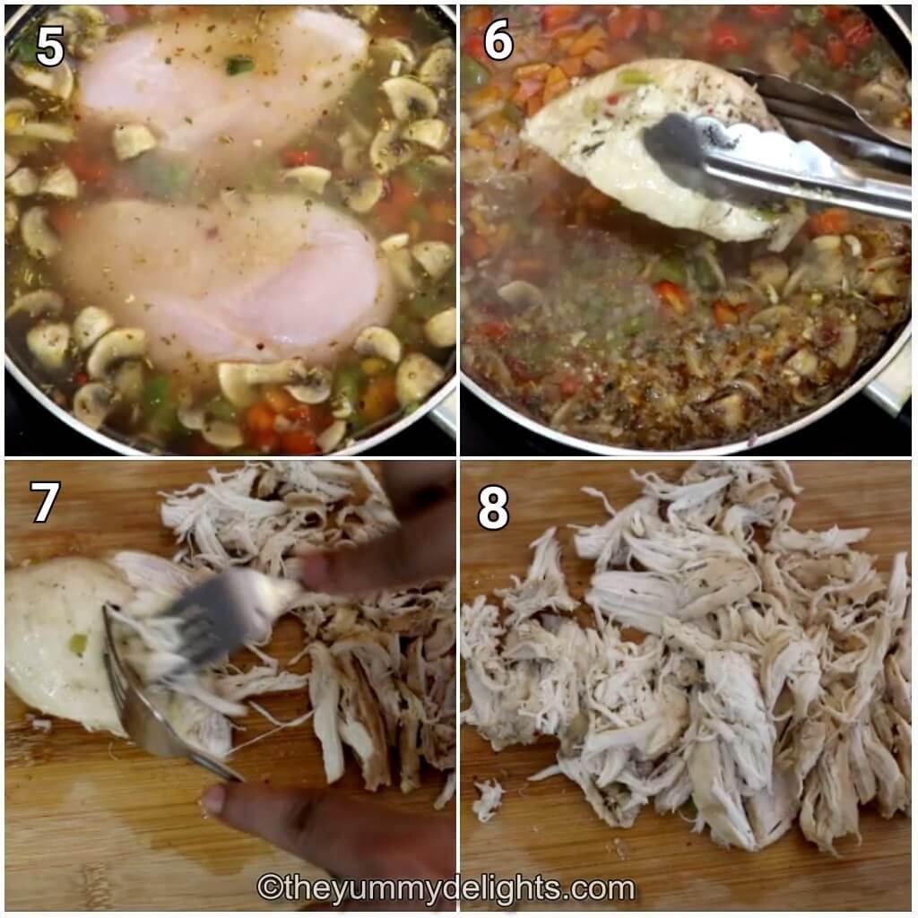step by step image collage of addition of chicken breast, cooking and shredding it.