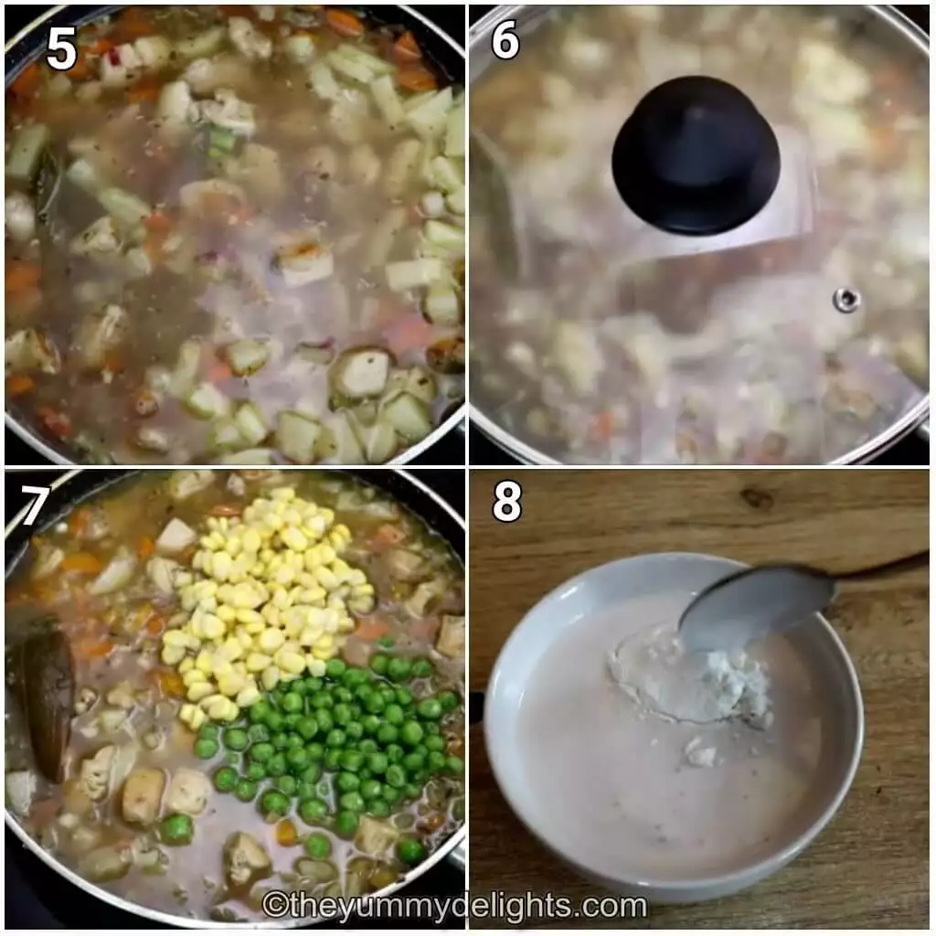 step by step image collage of addition of broth, vegetables and cooking the stew. Addition of cornflour to the coconut milk.