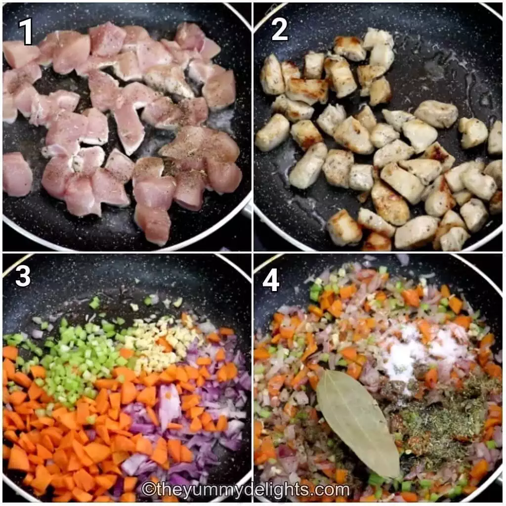 step by step image collage of browning the chicken and adding the seasoning.