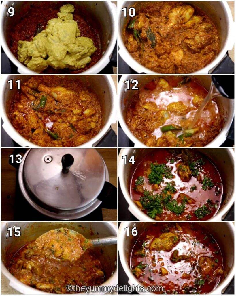step by step image collage of making the chicken curry in pressure cooker.