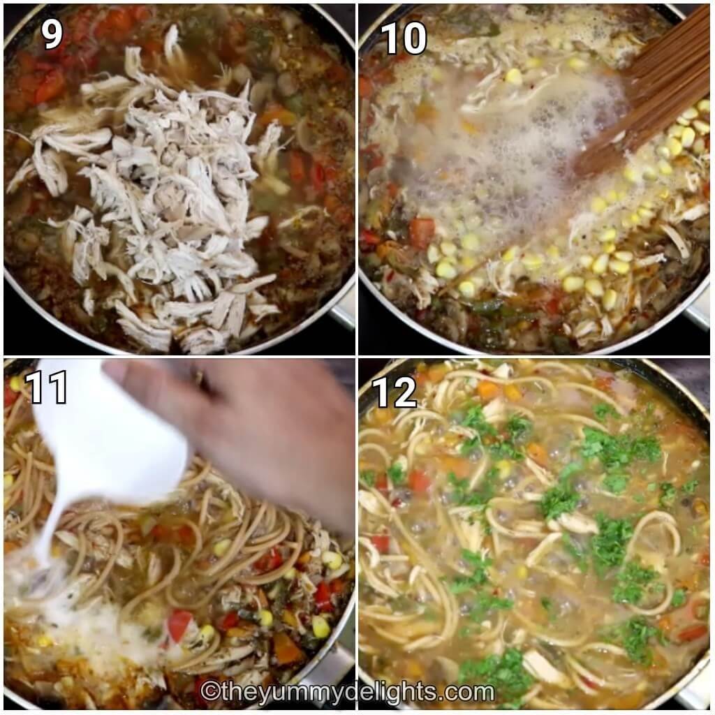 step by step image collage of addition of noodles to the chicken soup and cooking it.