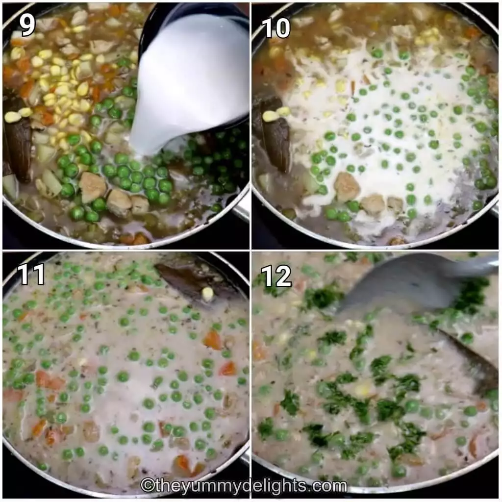 step by step image collage of addition of coconut milk to the stew.