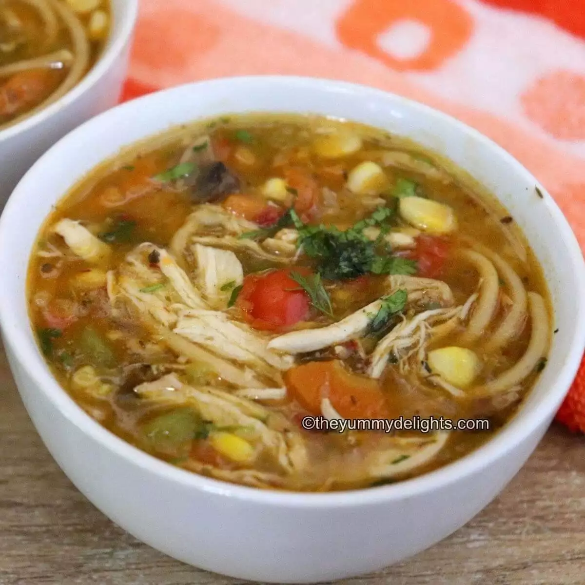 close-up of homemade chicken noodle soup in a white colored bowl.