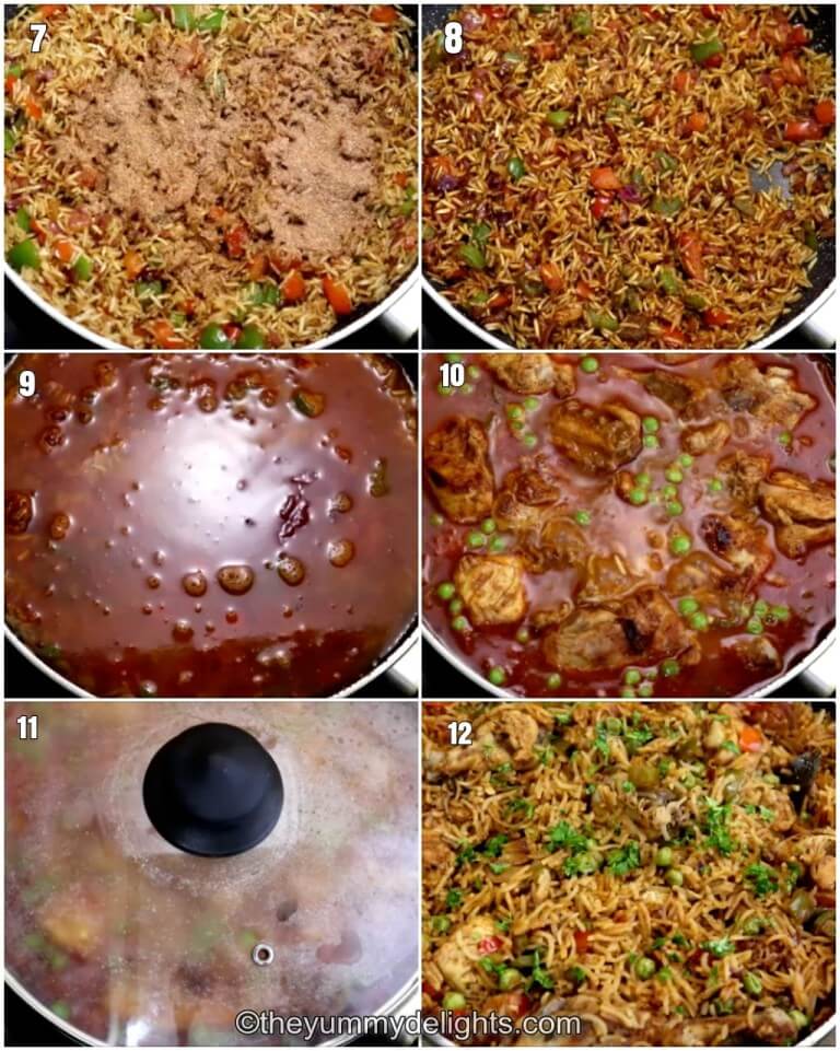 step by step image collage of addition of spanish seasoning, tomato sauce and chicken broth to cook rice.
