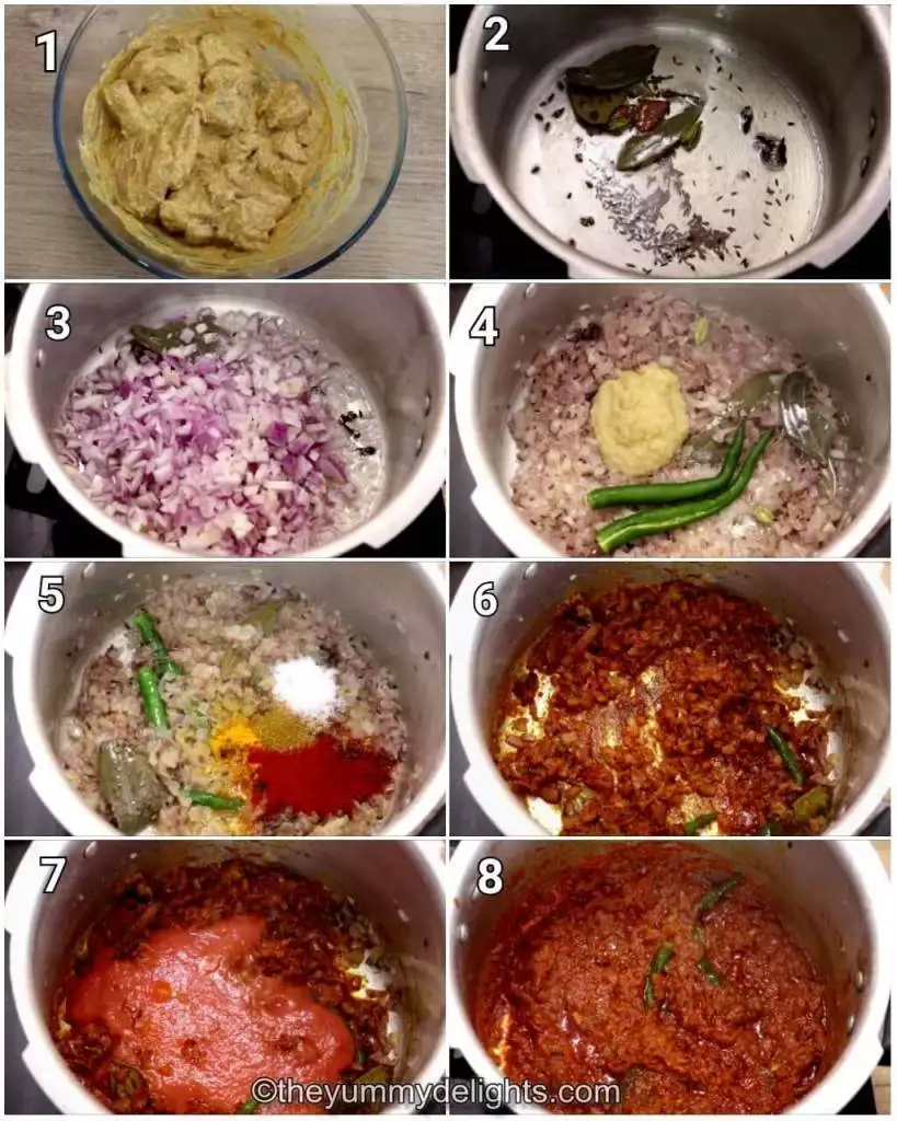 step-by-step image collage of making the masala for the chicken for makinf pressure cooker chicken curry