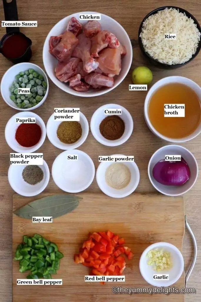 individually labeled ingredients to make spanish chicken rice recipe.