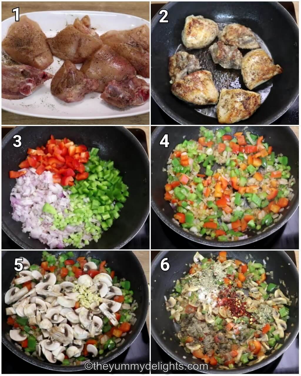 image collage of 6 steps showing searing the chicken and sauteing the veggies to make cacciatore sauce.