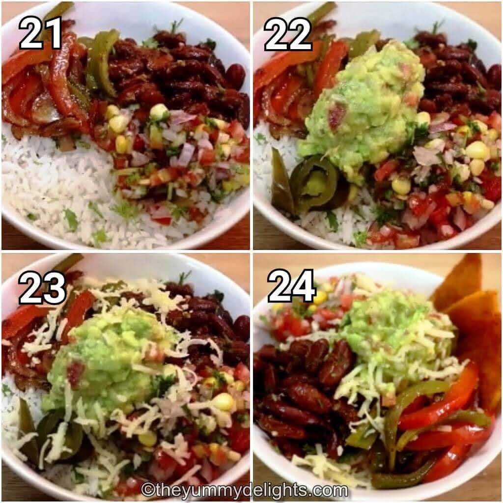 step by step image collage of assembling the burrito bowls.