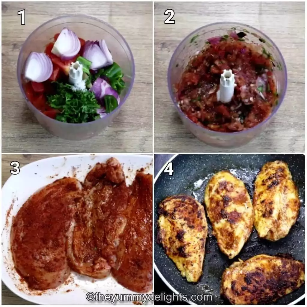 collage image of 4 steps showing preparing salsa, marinating and cooking chicken for making Chipotle chicken burrito bowls.