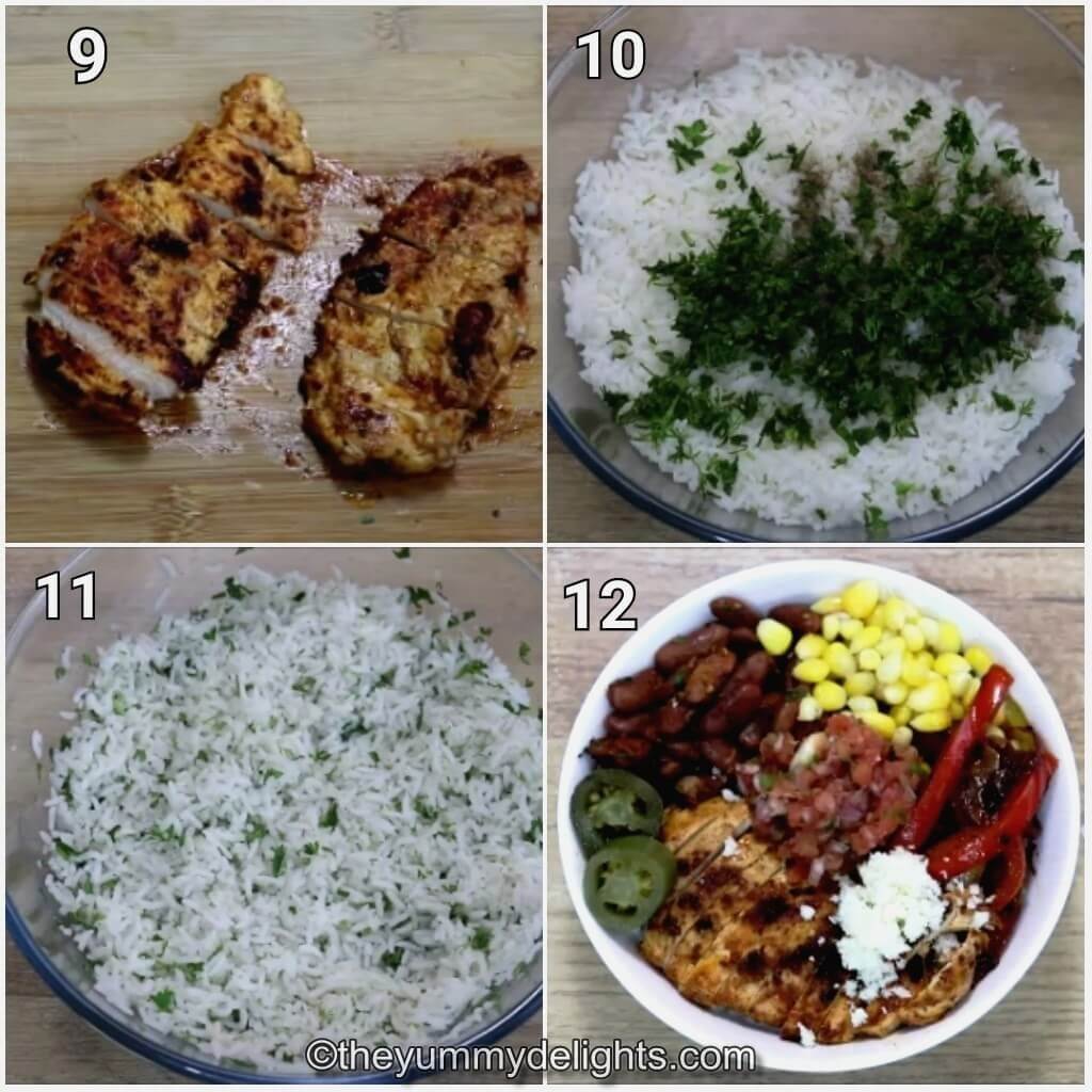 step by step image collage of assembling the chicken burrito bowls.