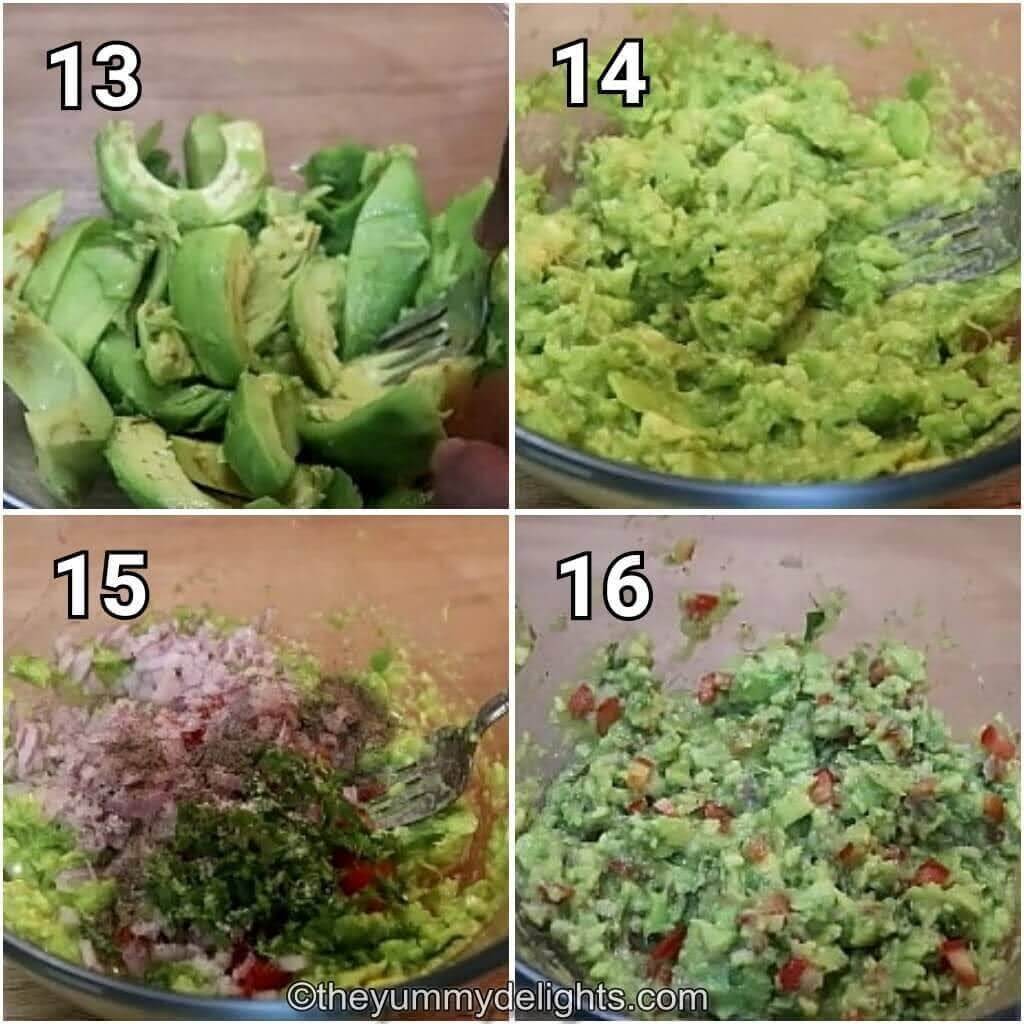 step by step image collage of preparing guacamole for making vegetarian burrito bowls.