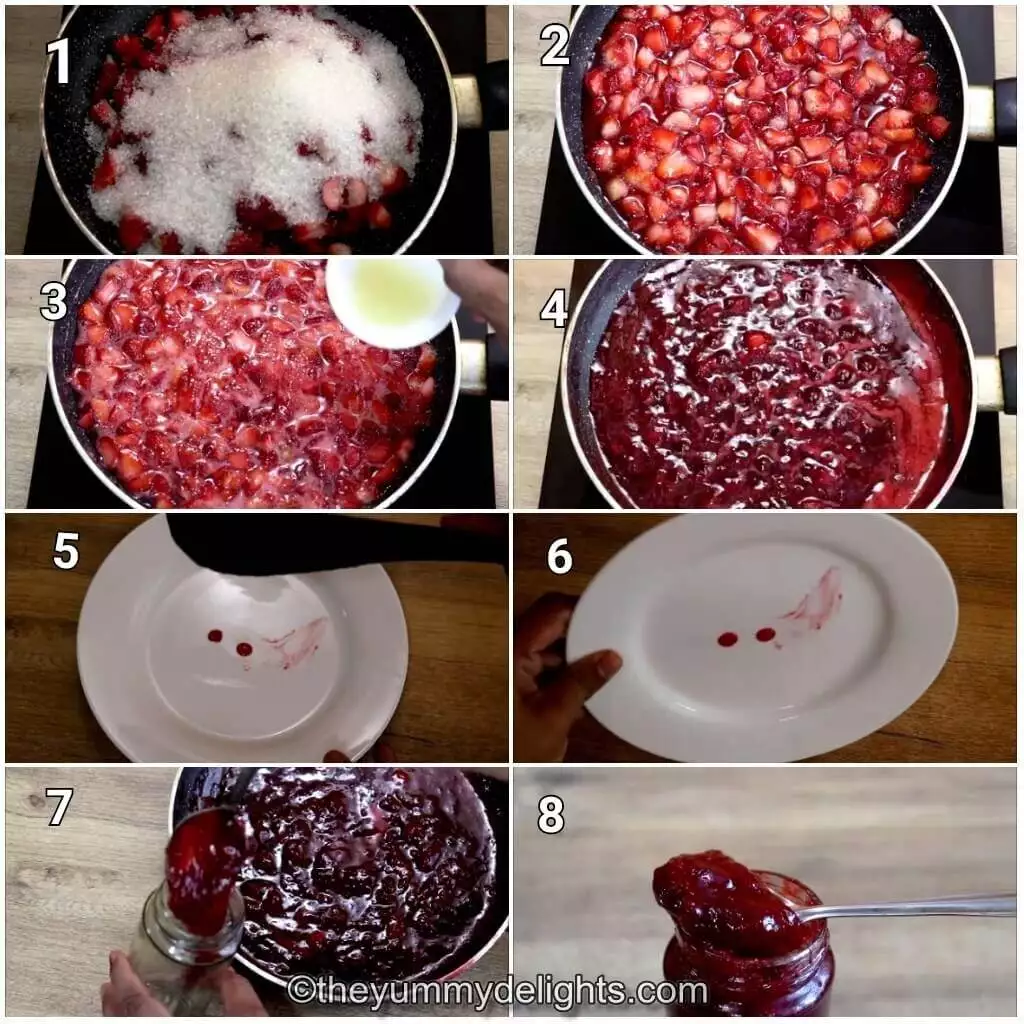 collage image of 8 steps making strawberry jam.