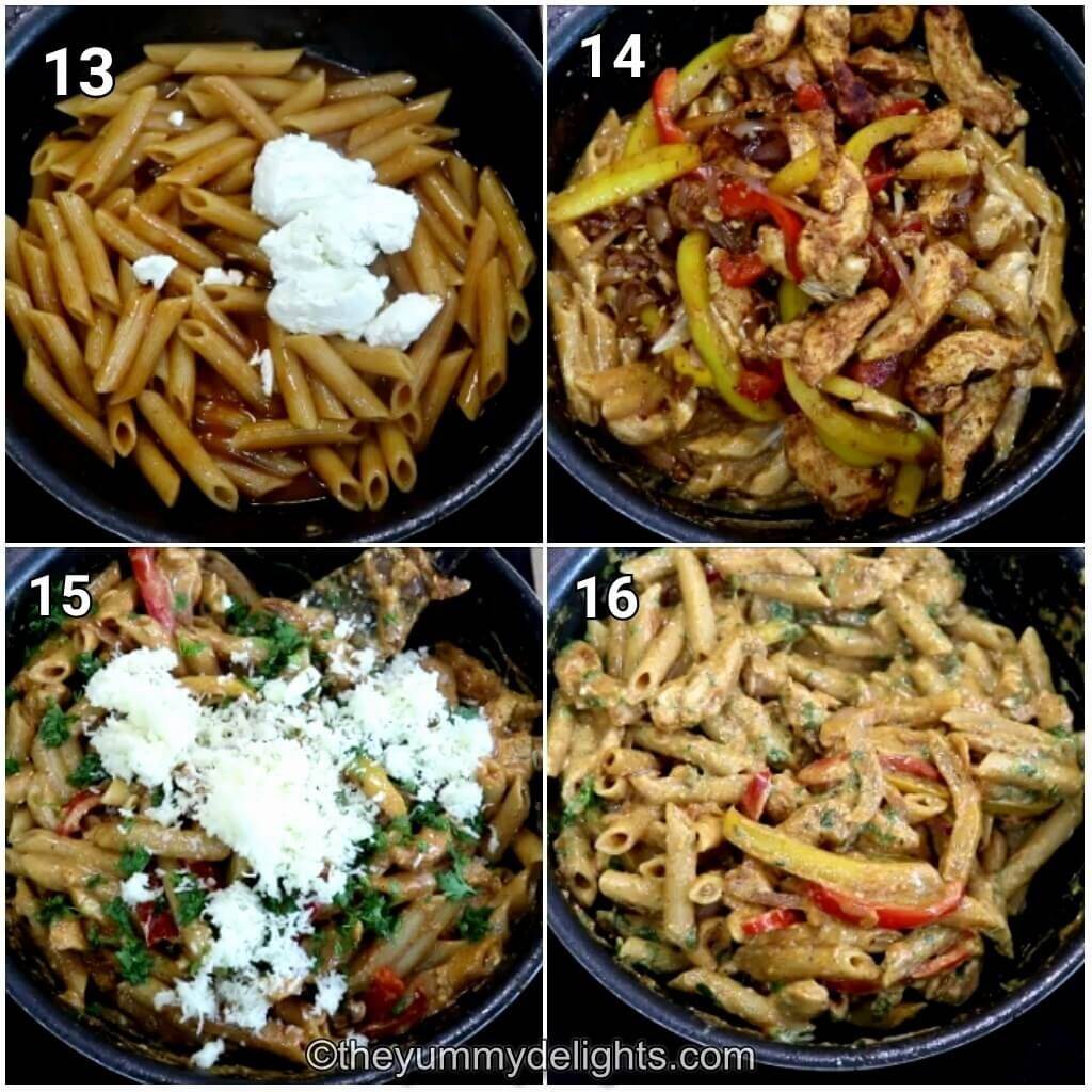 Collage image of 4 steps showing addition of cream cheese to make creamy cajun chicken pasta