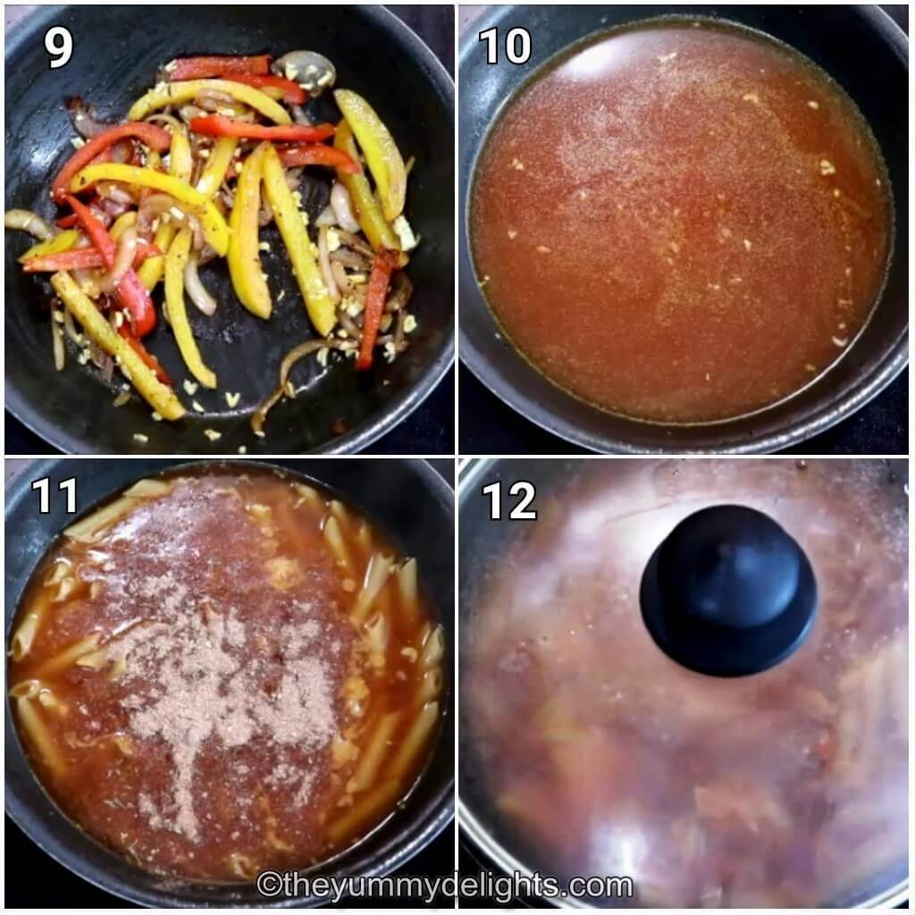 Collage image of 4 steps showing addition of garlic, chicken broth and pasta.