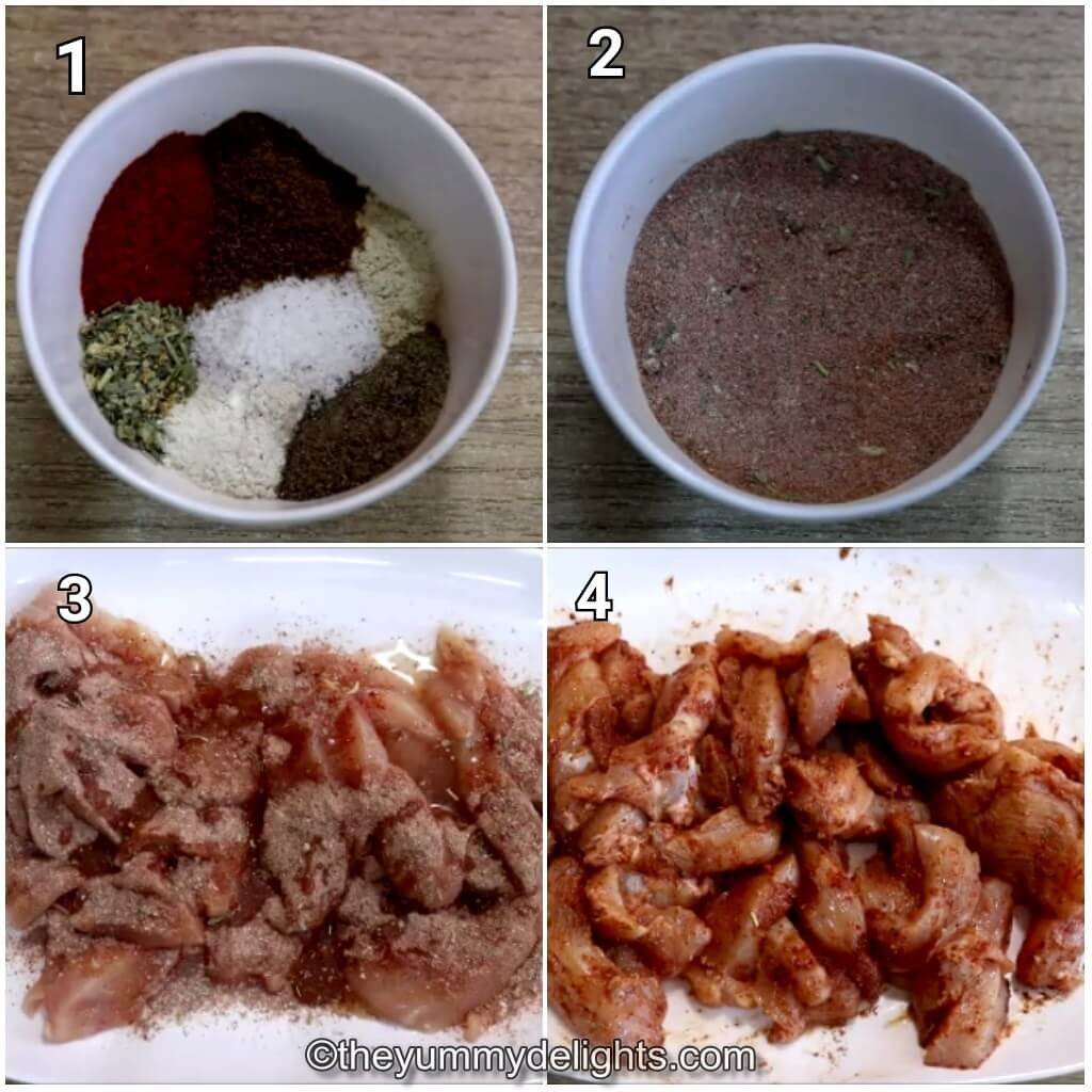 Collage image of 4 steps showing how to make cajun seasoning. It also shows marinating the chicken to make cajun chicken pasta
