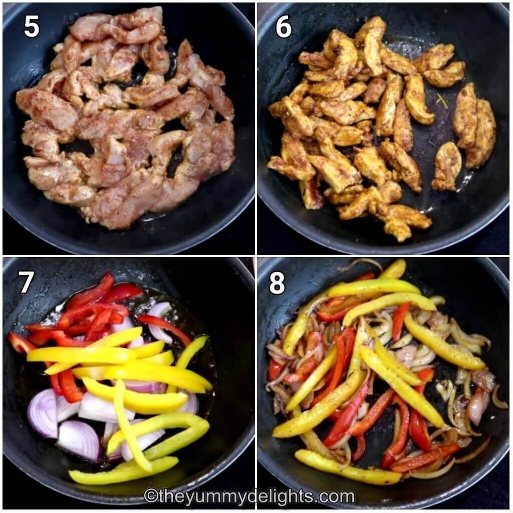 Collage image of 4 steps showing stir-frying the chicken and bell pepper to make spicy cajun chicken pasta