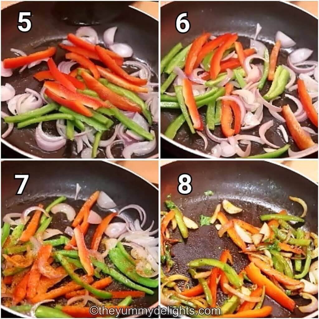 step by step image collage of sauteing the veggies to make burrito bowl.