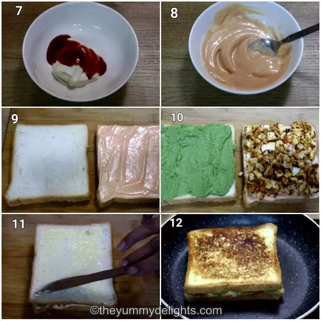 collage image of 6 steps showing preparing mayonnaise spread and assembling the grilled tandoori chicken sandwich.
