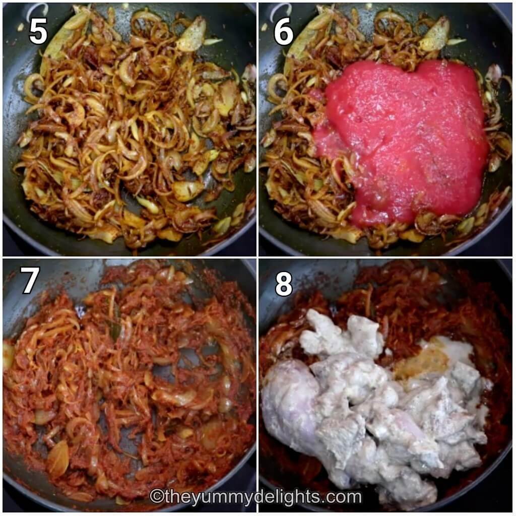 image collage of cooking tomato puree and addition of marinated chicken to the recipe.