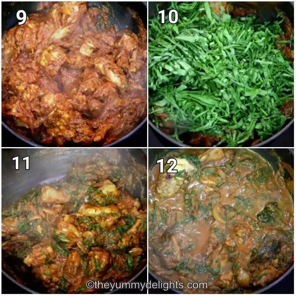 image collage of cooking the chicken and addition of spinach leaves to the spinach chicken curry