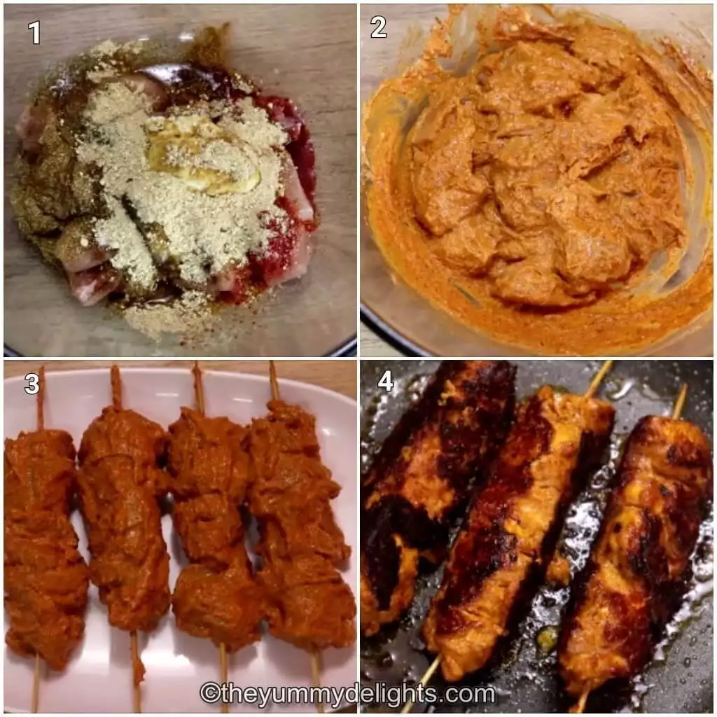 image collage of 4 steps showing how to make chicken boti kabab. It shows marinating the chicken and cooking it.