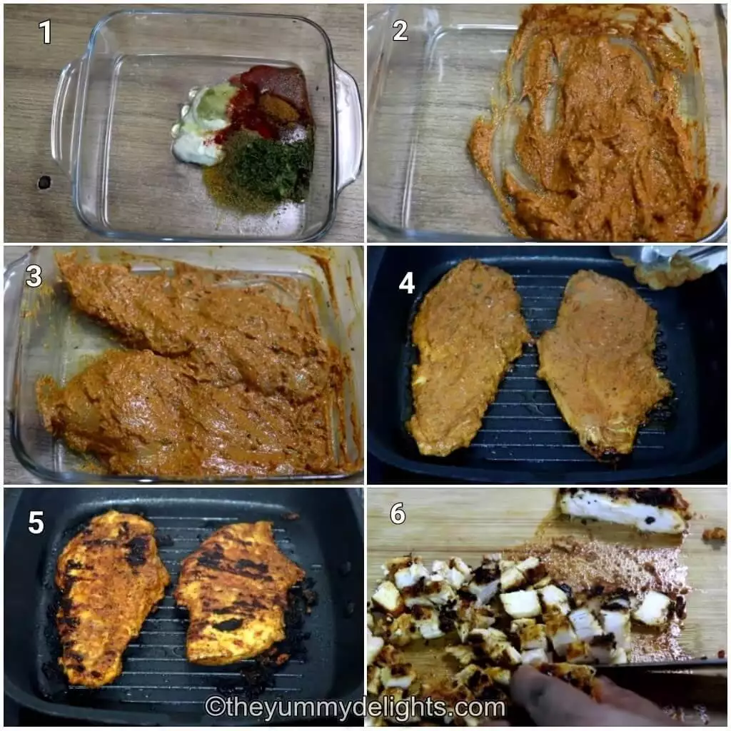 collage image of 6 steps showing how to make tandoori chicken sandwich. It shows marinating the chicken and grilling it.