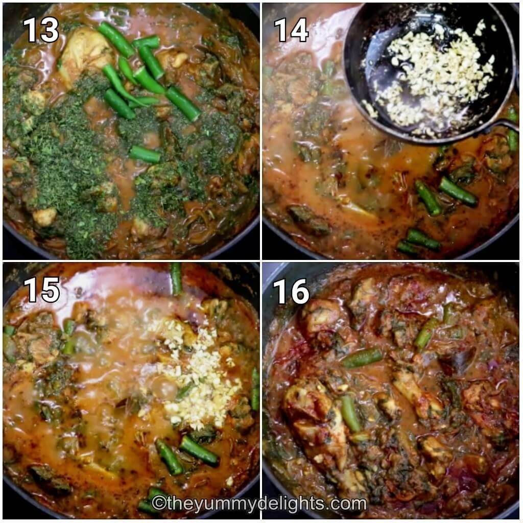 step by step image collage of addition of tempering to the palak chicken