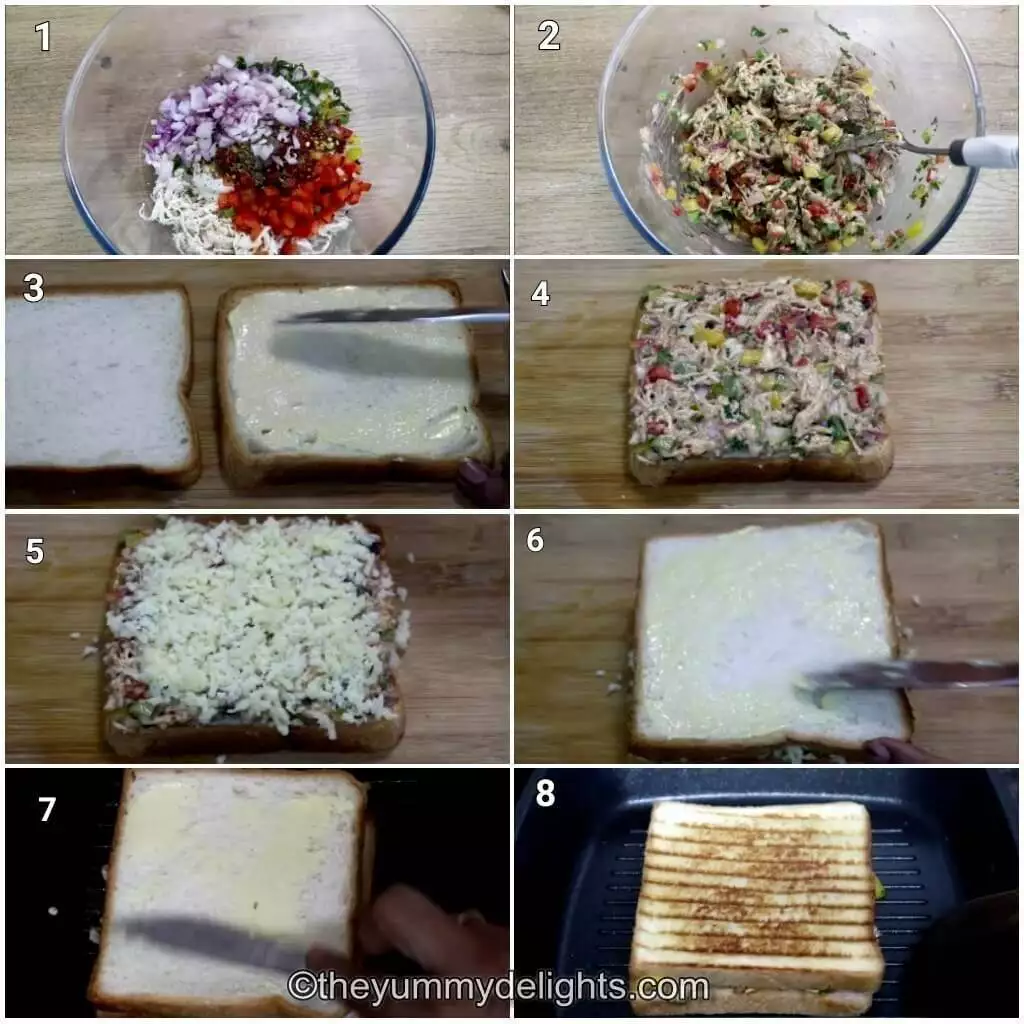 step by step image collage of 8 photos showing making of healthy shredded chicken sandwich recipe.