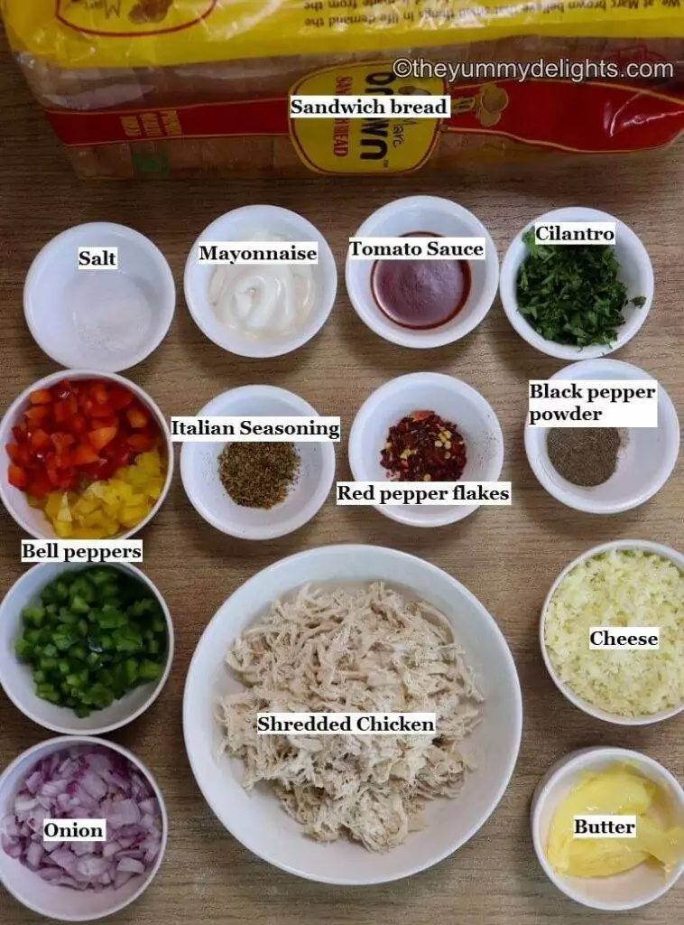 image of individual ingredients to make shredded chicken sandwich recipe
