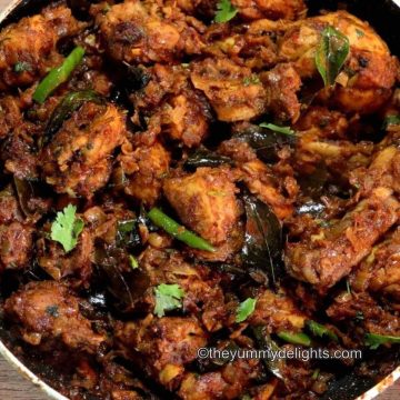 close-up of Andhra chicken fry or kodi vepudu in a pan.