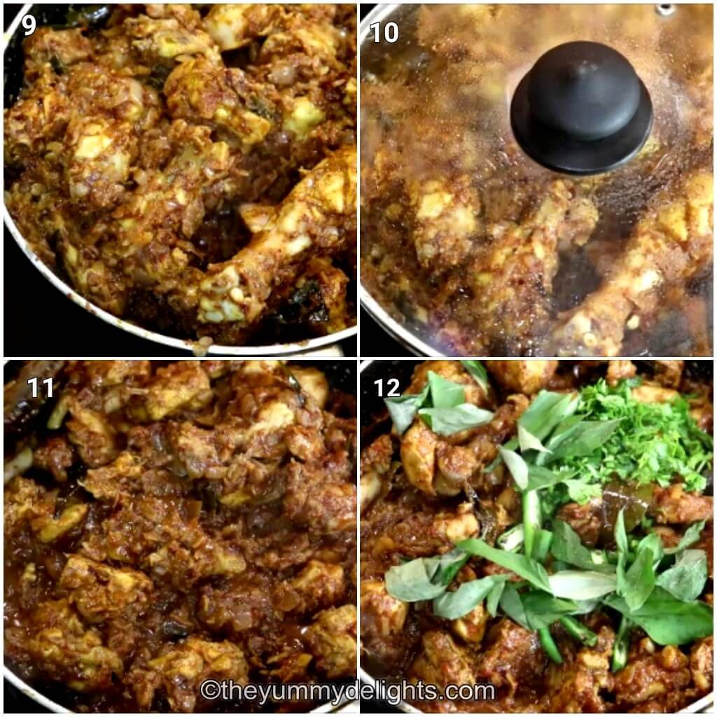 collage image of 4 steps showing stir frying the chicken with masala to make Andhra style chicken fry recipe.