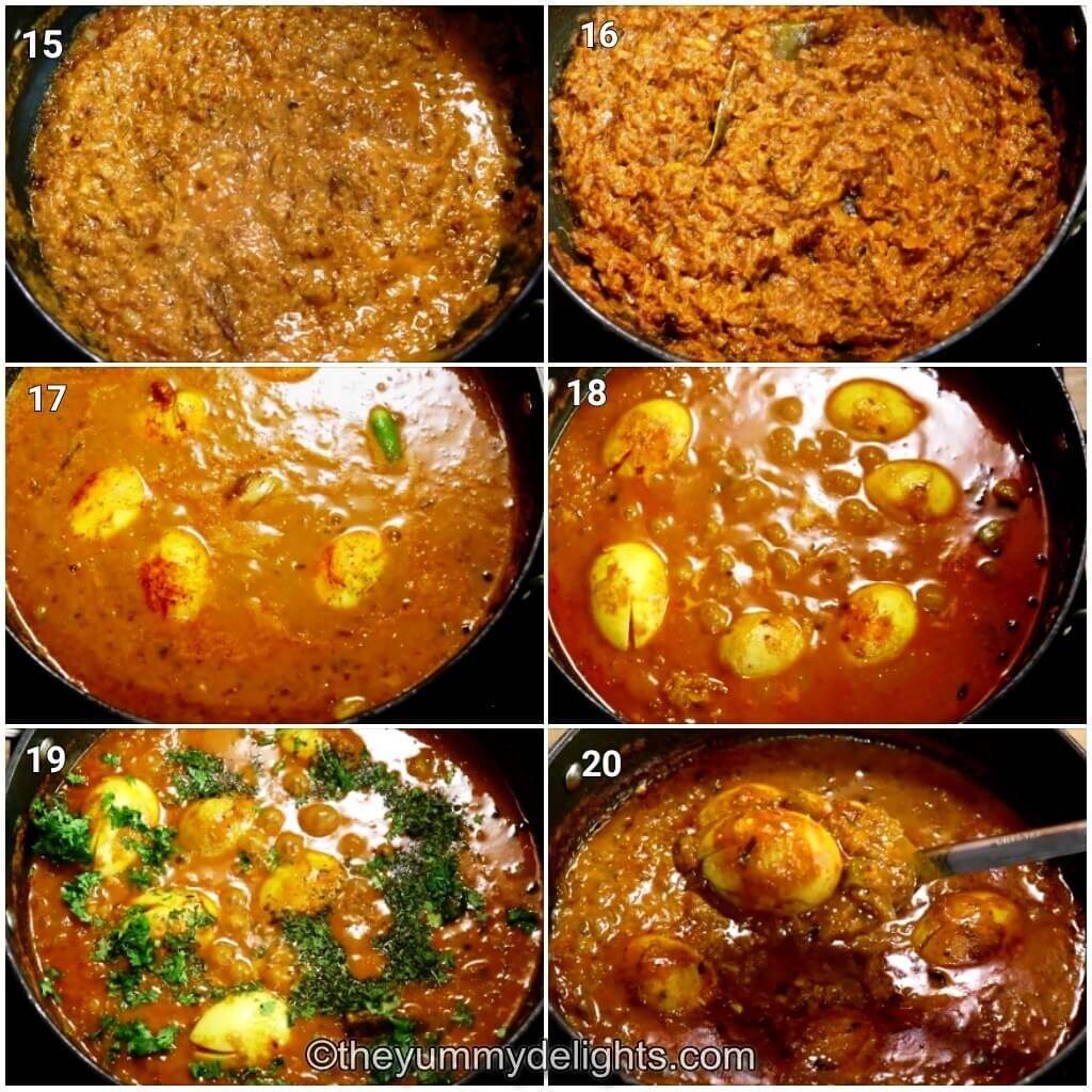 image collage of cooking the curry and addition of eggs,kasuri methi and coriander leaves for making dhaba style egg curry